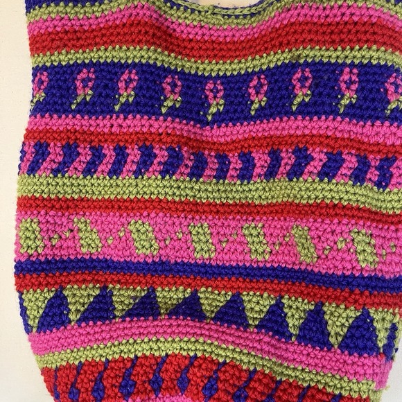 Hand Crocheted Purse Shoulder Bag Purple Pink Green Red Lined Well Made Boho - Picture 2 of 11
